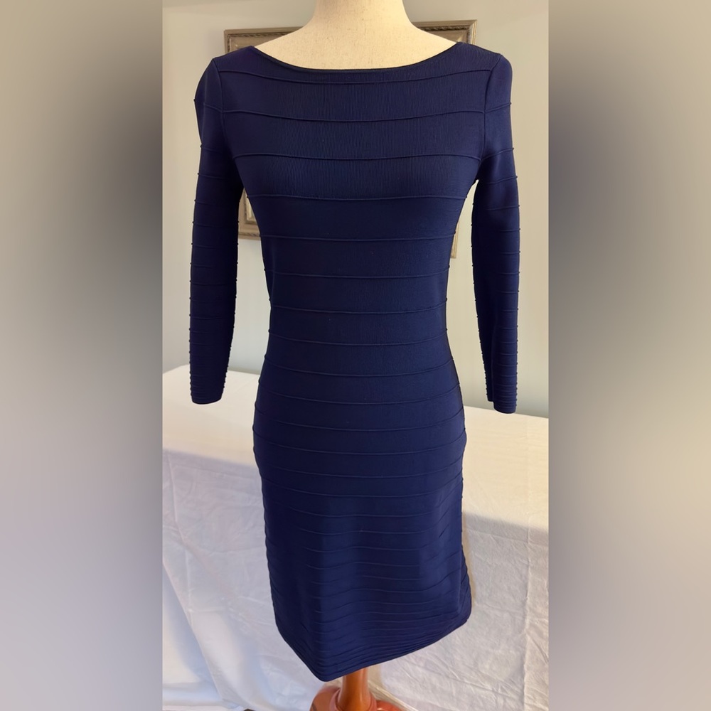 Lauren Ralph Lauren Navy Midi Dress: rib-knit with breathable stretch SZ XS